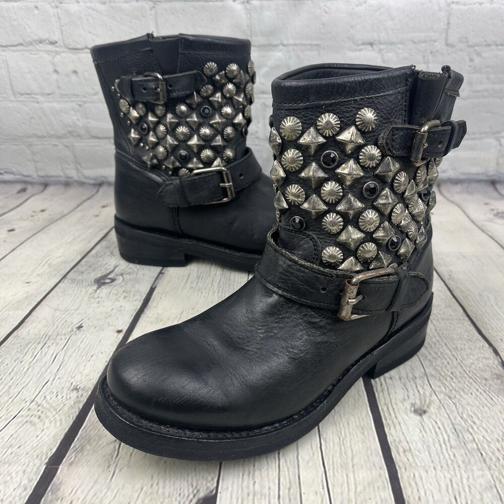 Ash Titanic Studded Biker Boots Women’s 5.5 36 Black Distressed Leather Buckle